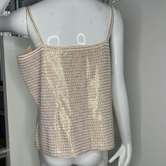 St. John Sz L Crème and Rose Gold Metallic Crystals Knit Sleeveless Tank Top - Picture 3 of 6